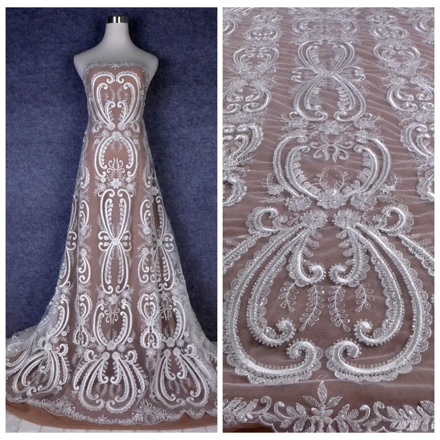 Модное свадебное кружево, чистая кружевная ткань с тяжелой вышивкой, кружевная ткань для свадебного платья с серебряным бисером, 51 
