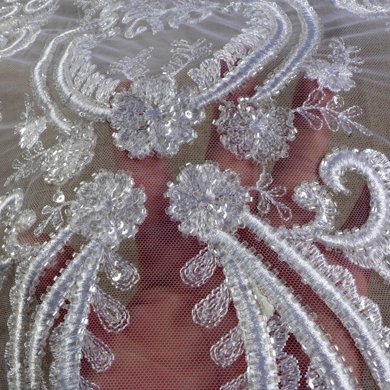 Модное свадебное кружево, чистая кружевная ткань с тяжелой вышивкой, кружевная ткань для свадебного платья с серебряным бисером, 51 